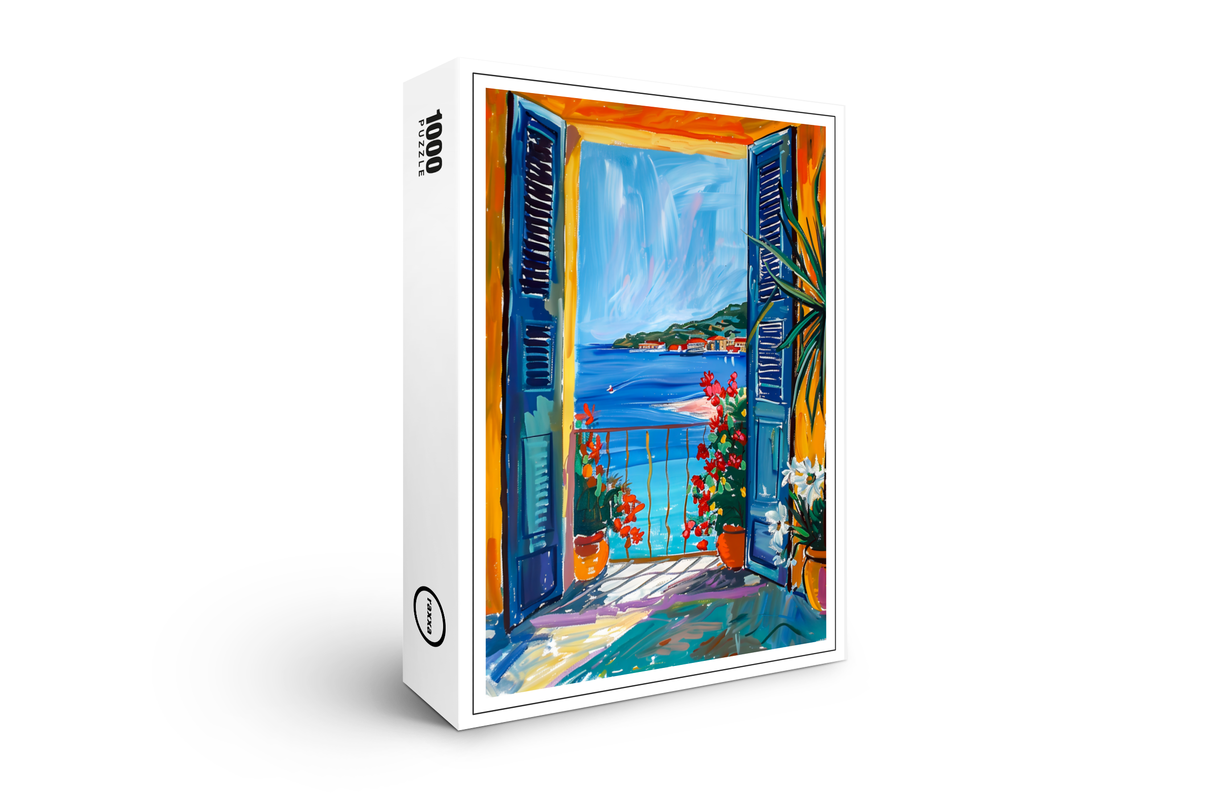 raxxa Premium-Puzzle: Terrace Door View Toward Mediterranean Bay With Two Blooming Dipladenia Pots