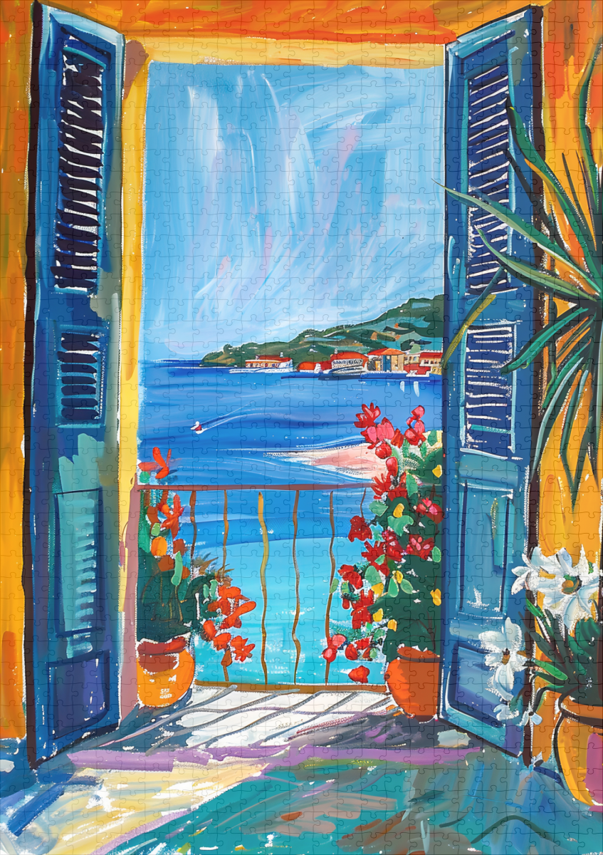 raxxa Premium-Puzzle: Terrace Door View Toward Mediterranean Bay With Two Blooming Dipladenia Pots - immagine 2