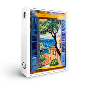 raxxa Premium-Puzzle: Window View Toward Mediterranean Village Framed By Olive Tree And Coastal Bay