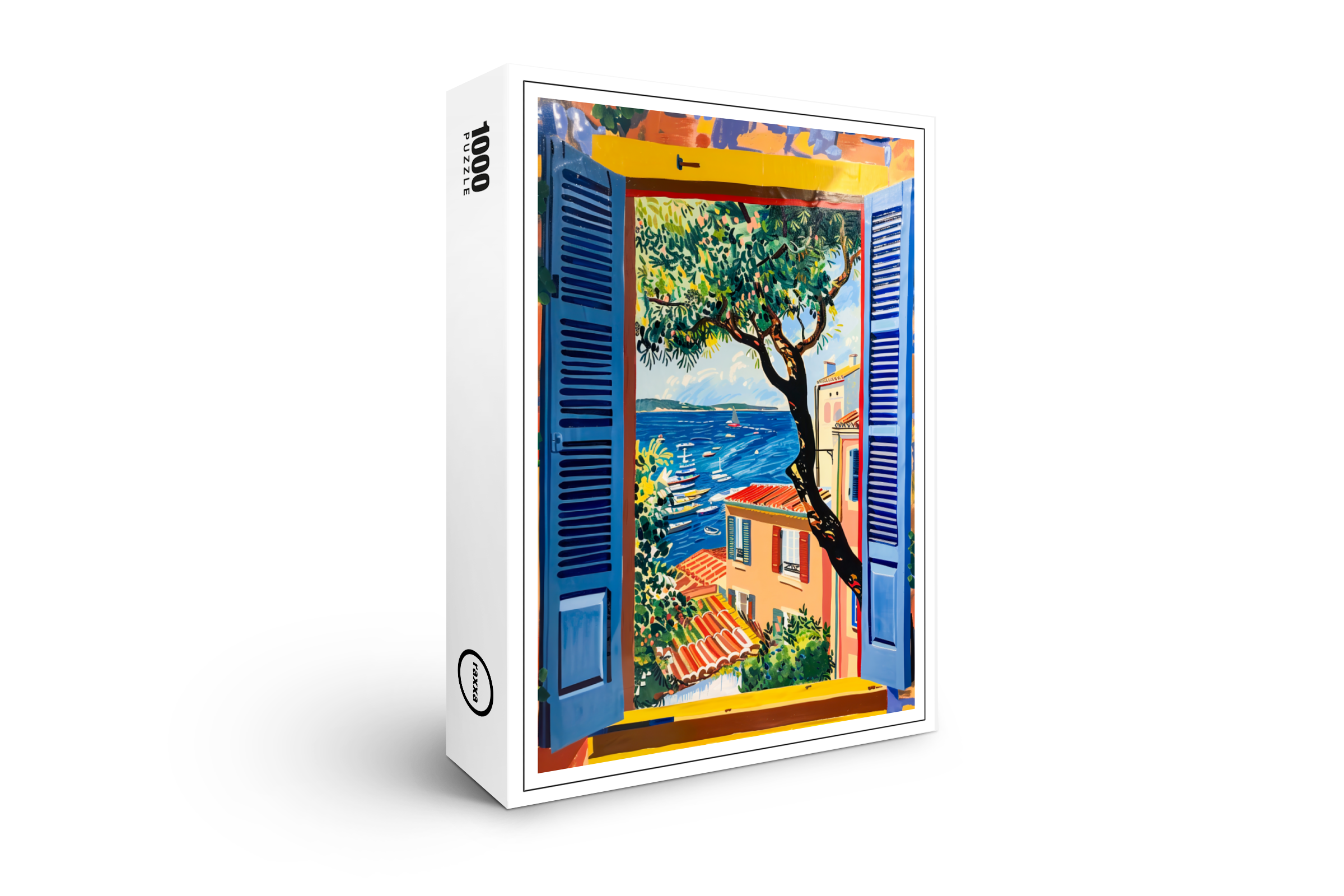 raxxa Premium-Puzzle: Window View Toward Mediterranean Village Framed By Olive Tree And Coastal Bay