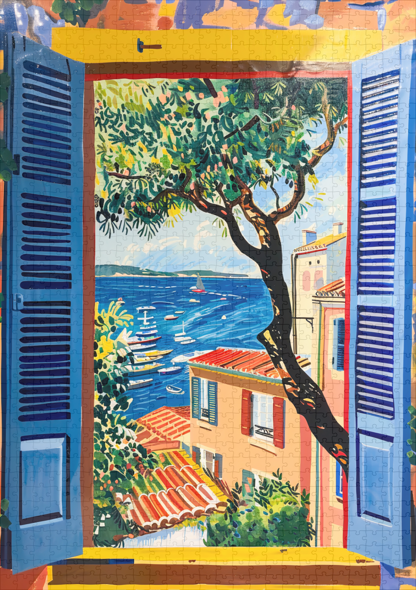 raxxa Premium-Puzzle: Window View Toward Mediterranean Village Framed By Olive Tree And Coastal Bay - immagine 2