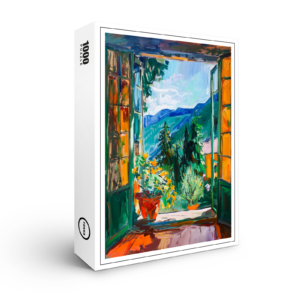 raxxa Premium-Puzzle: Mediterranean Balcony View Toward South Tyrolean Mountains With Blooming Flower Pot