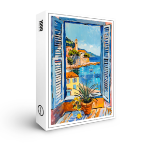 raxxa Premium-Puzzle: Window View Toward Mediterranean Village Houses Over Calm Coastal Bay Landscape