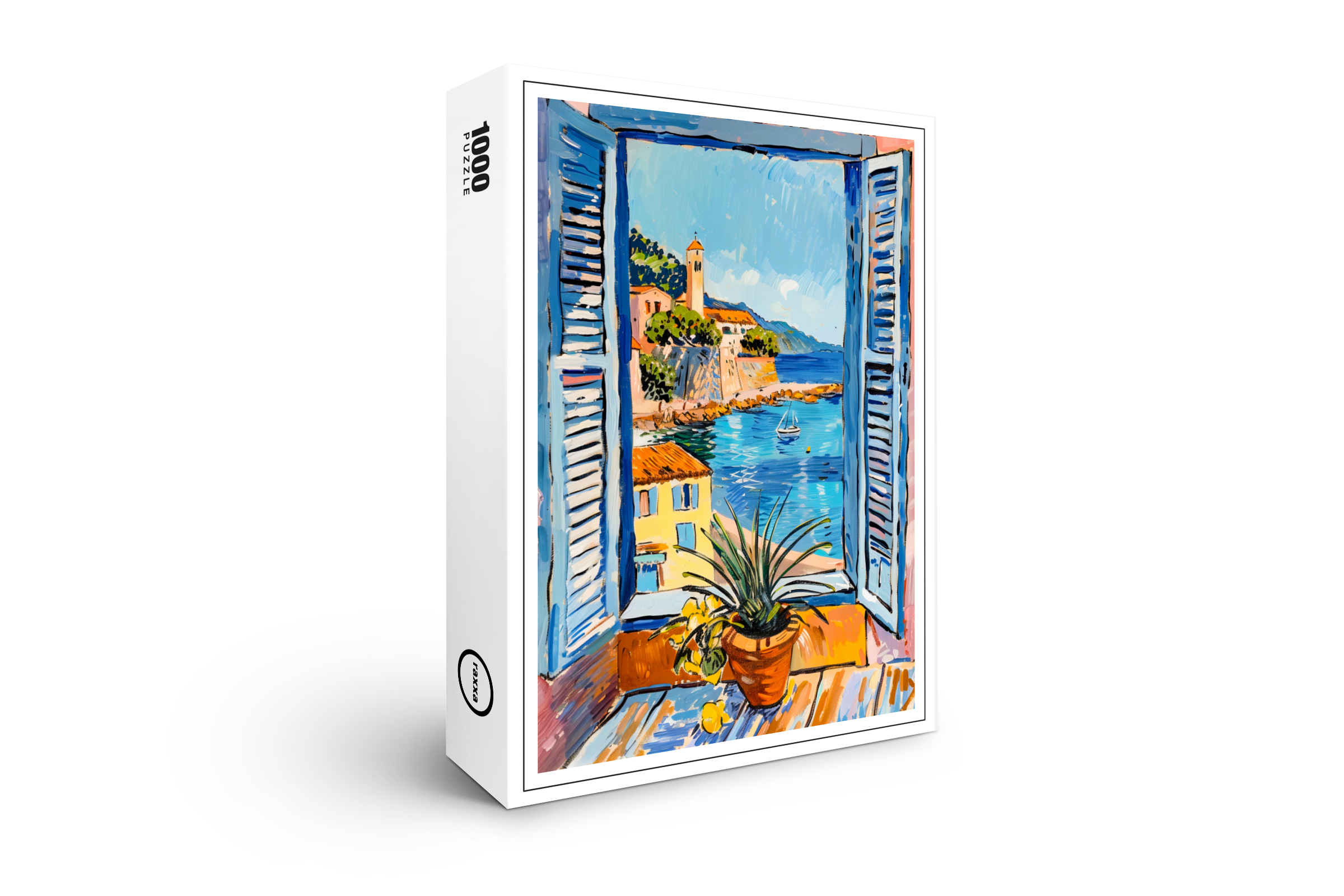 raxxa Premium-Puzzle: Window View Toward Mediterranean Village Houses Over Calm Coastal Bay Landscape