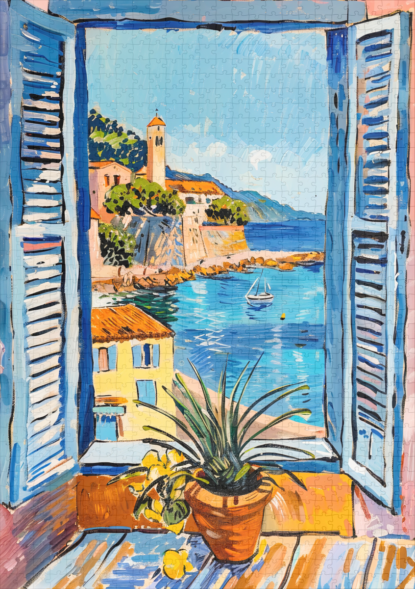 raxxa Premium-Puzzle: Window View Toward Mediterranean Village Houses Over Calm Coastal Bay Landscape - Image 2
