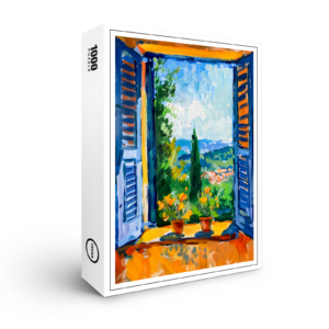 raxxa Premium-Puzzle: Terrace View Toward Mountainous Mediterranean Landscape With Tall Cypress Trees Nearby