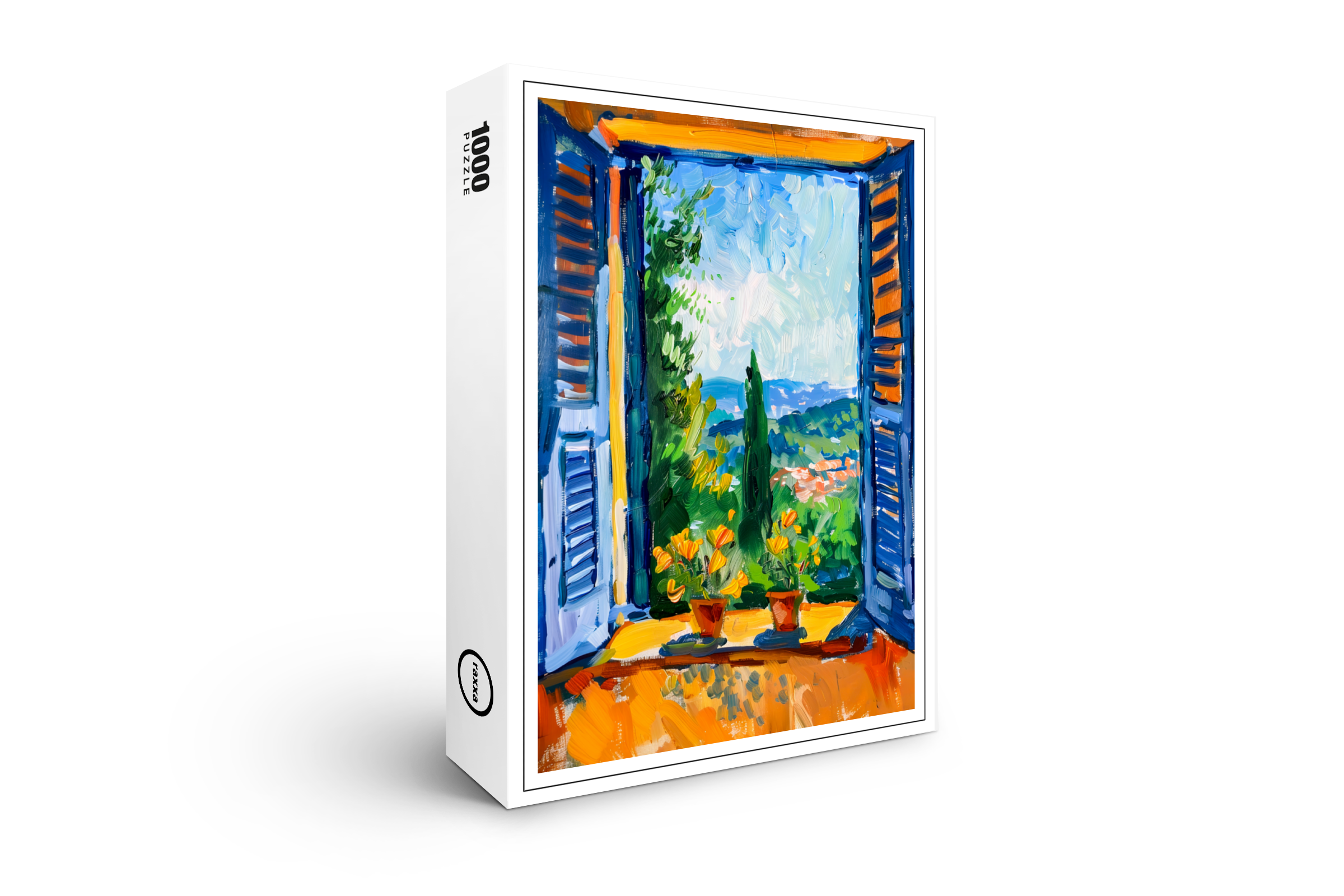 raxxa Premium-Puzzle: Terrace View Toward Mountainous Mediterranean Landscape With Tall Cypress Trees Nearby