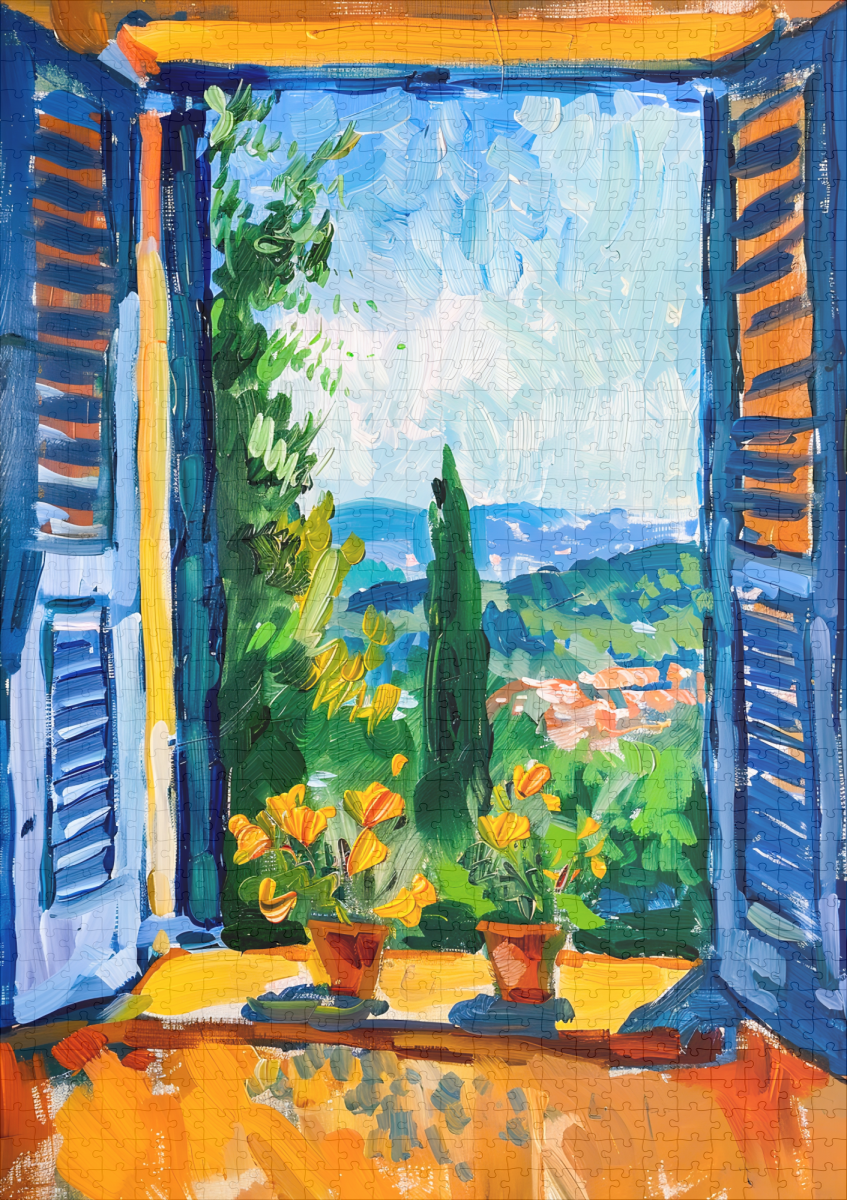 raxxa Premium-Puzzle: Terrace View Toward Mountainous Mediterranean Landscape With Tall Cypress Trees Nearby - immagine 2