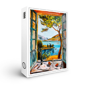 raxxa Premium-Puzzle: Window View Over Mediterranean Bay With Wine Glass And Fruit Still Life