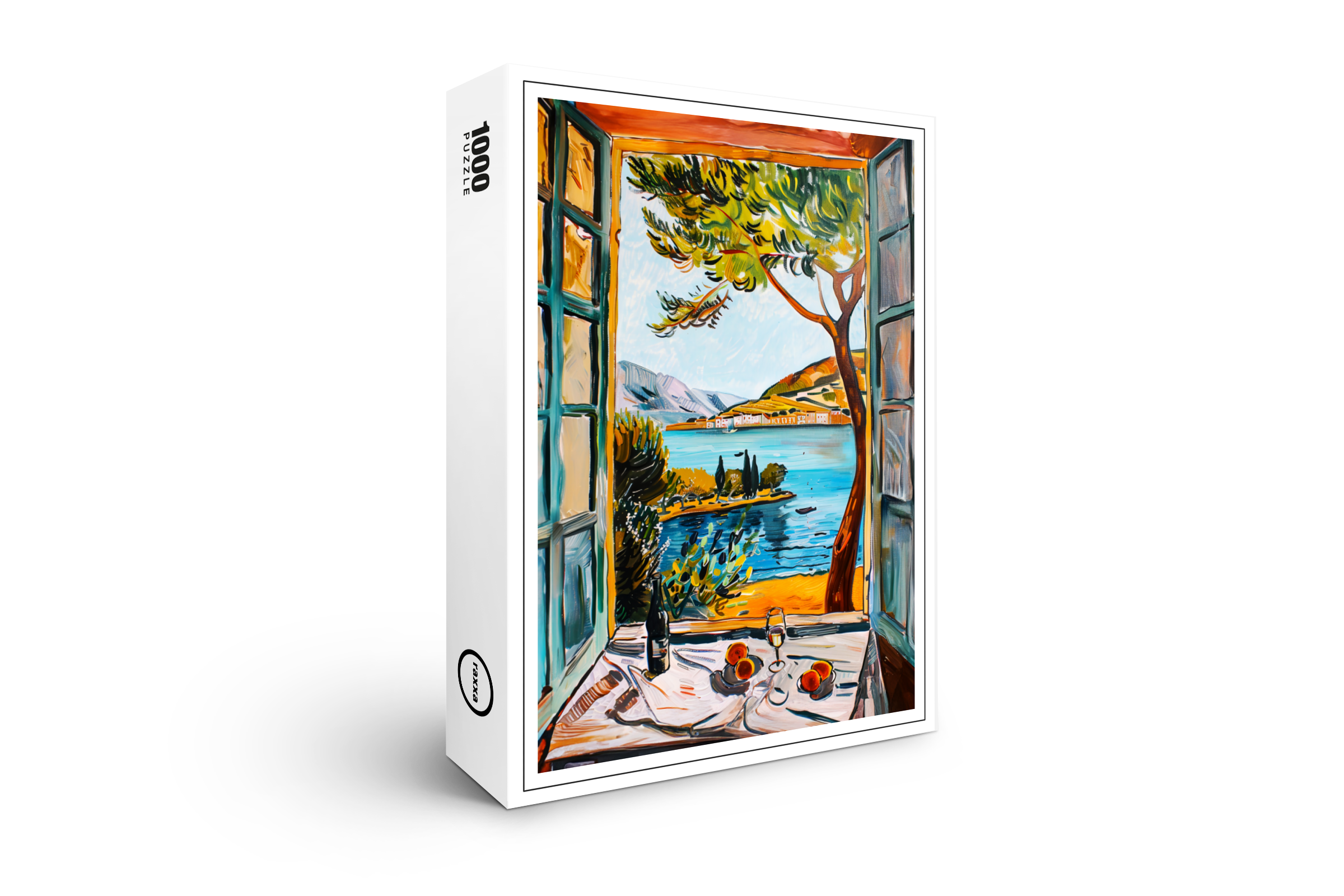 raxxa Premium-Puzzle: Window View Over Mediterranean Bay With Wine Glass And Fruit Still Life