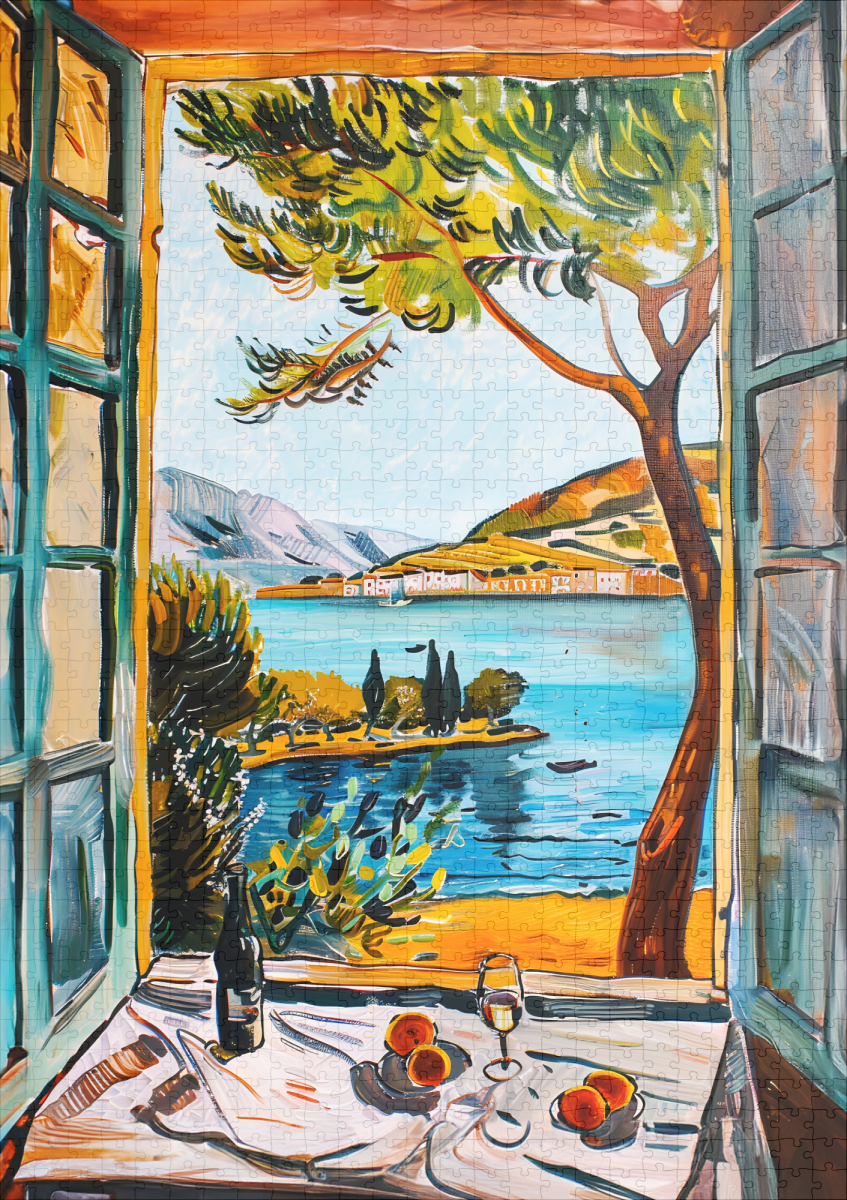 raxxa Premium-Puzzle: Window View Over Mediterranean Bay With Wine Glass And Fruit Still Life – Bild 2