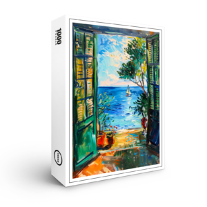 raxxa Premium-Puzzle: Terrace Door View Toward Mediterranean Sea With Passing Sailboat And Olive Tree