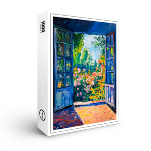 raxxa Premium-Puzzle: Terrace Door View Into Rustic Cottage Garden With Roses And Trees