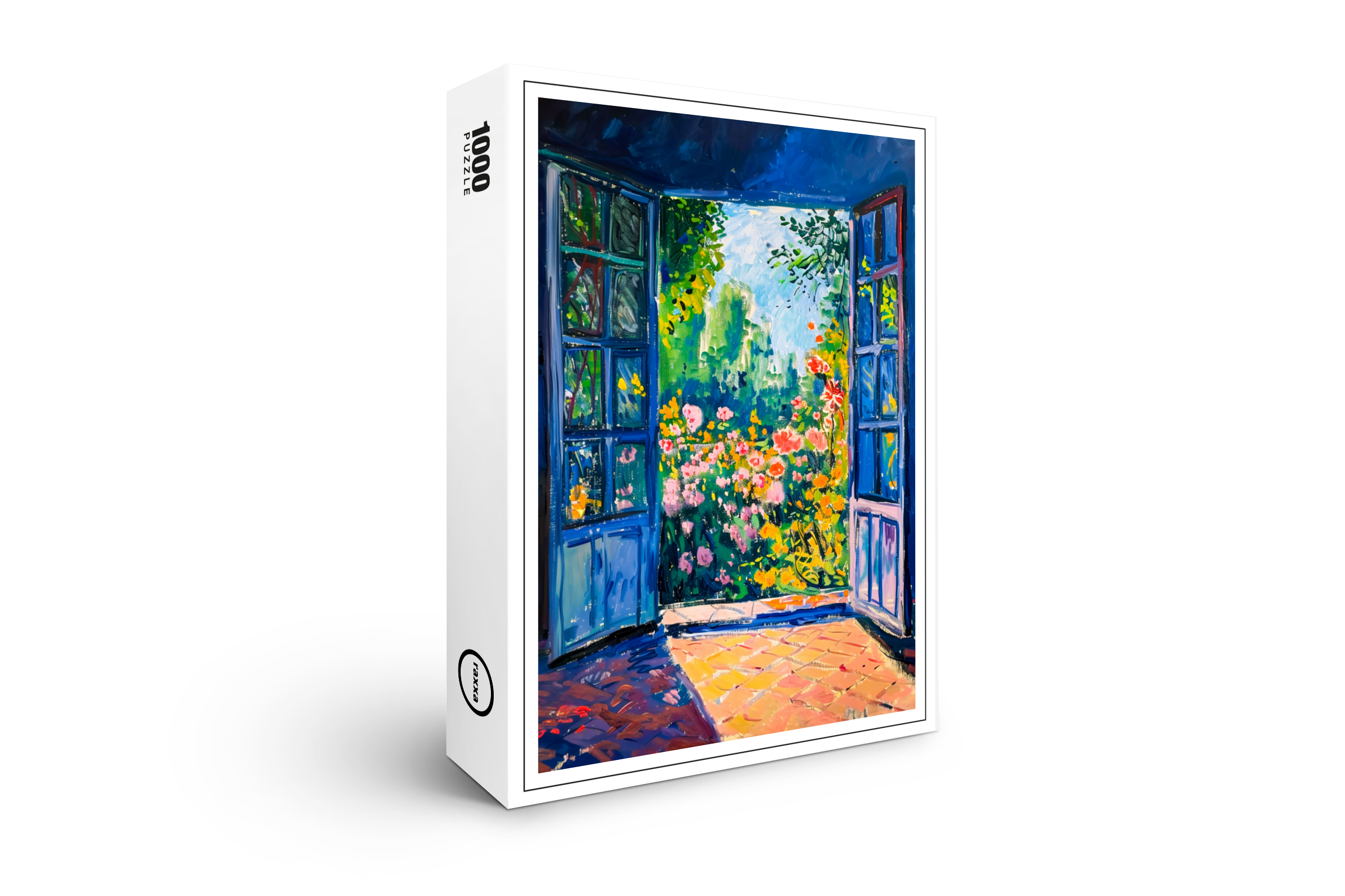 raxxa Premium-Puzzle: Terrace Door View Into Rustic Cottage Garden With Roses And Trees