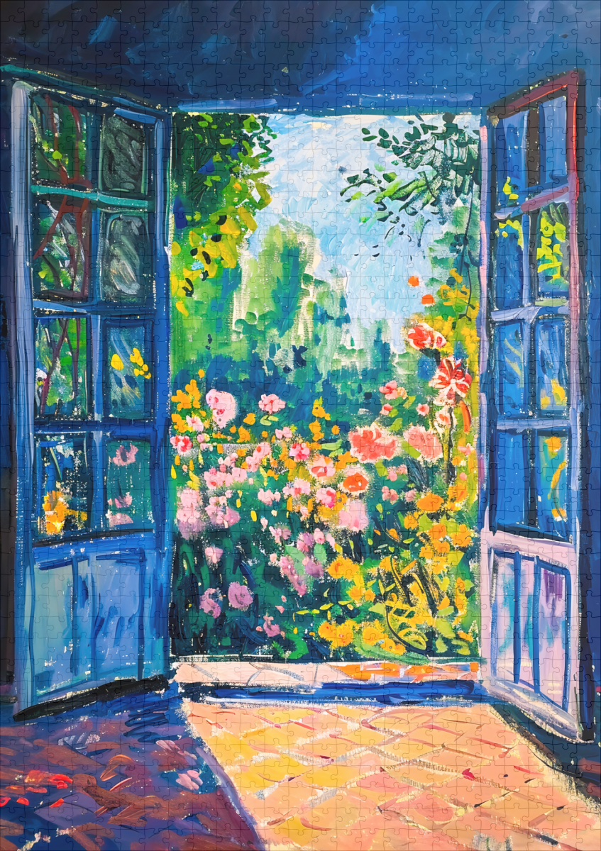 raxxa Premium-Puzzle: Terrace Door View Into Rustic Cottage Garden With Roses And Trees - immagine 2