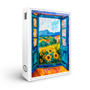 raxxa Premium-Puzzle: Terrace Door View Toward Sunflower Field With Distant Mountain Horizon