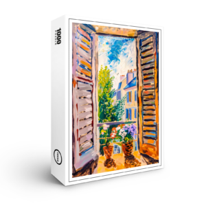 raxxa Premium-Puzzle: Terrace Door View Toward Mediterranean Cityscape With Two Flower Pots Outside