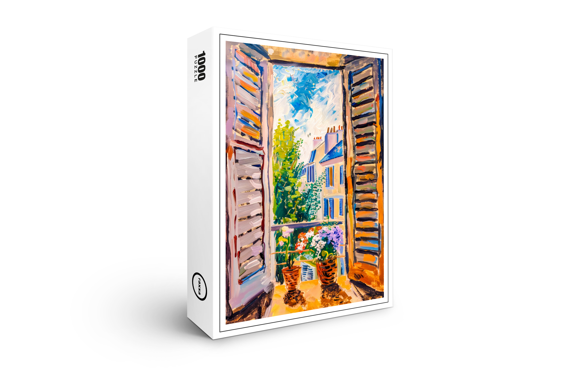 raxxa Premium-Puzzle: Terrace Door View Toward Mediterranean Cityscape With Two Flower Pots Outside