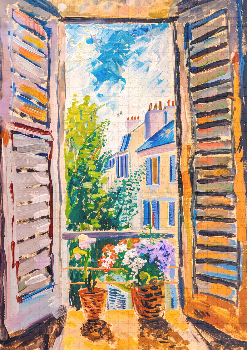 raxxa Premium-Puzzle: Terrace Door View Toward Mediterranean Cityscape With Two Flower Pots Outside – Image 2