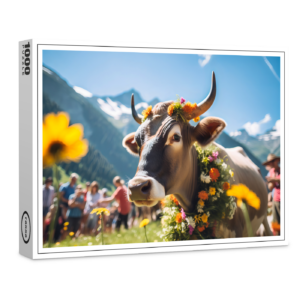 raxxa Premium-Puzzle: Festive Cow with Flowers at Alpine Event