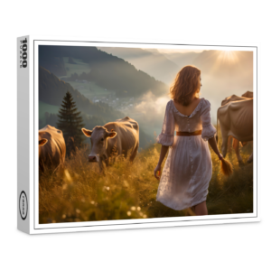 raxxa Premium-Puzzle: Woman with Cows in Sunset Pasture