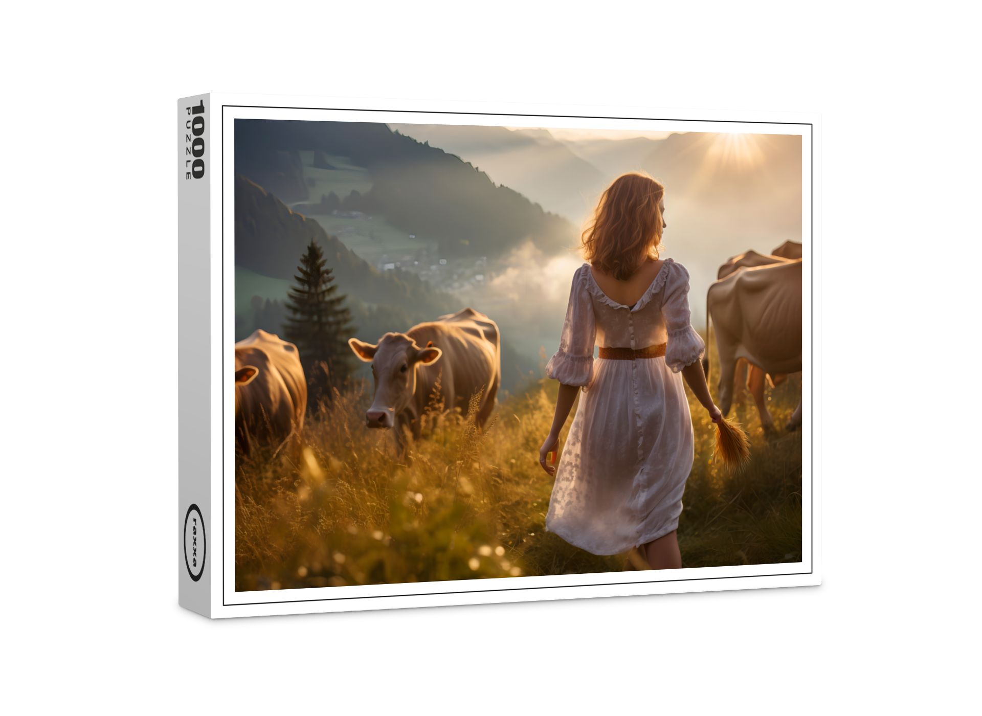 raxxa Premium-Puzzle: Woman with Cows in Sunset Pasture