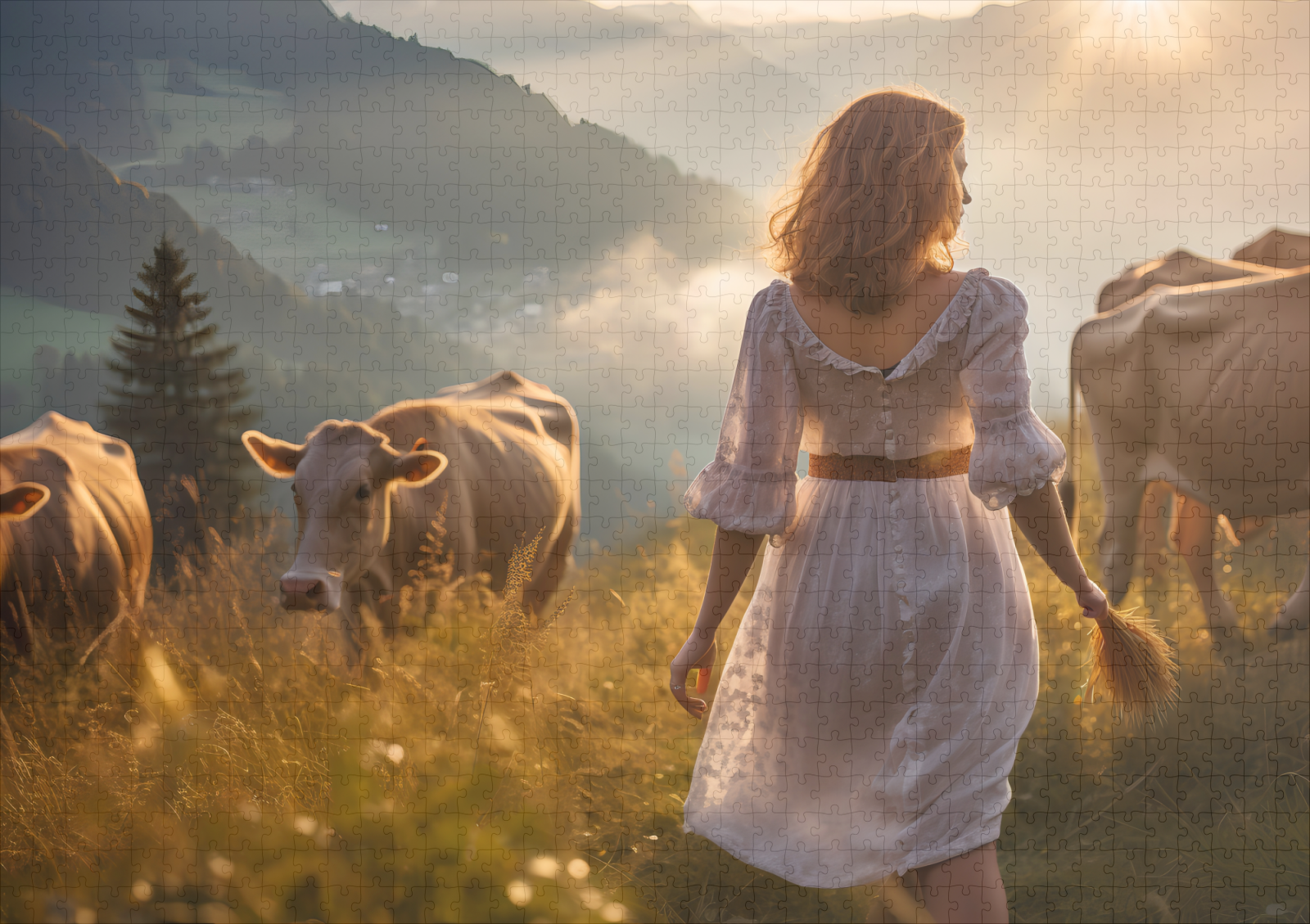 raxxa Premium-Puzzle: Woman with Cows in Sunset Pasture - Image 2