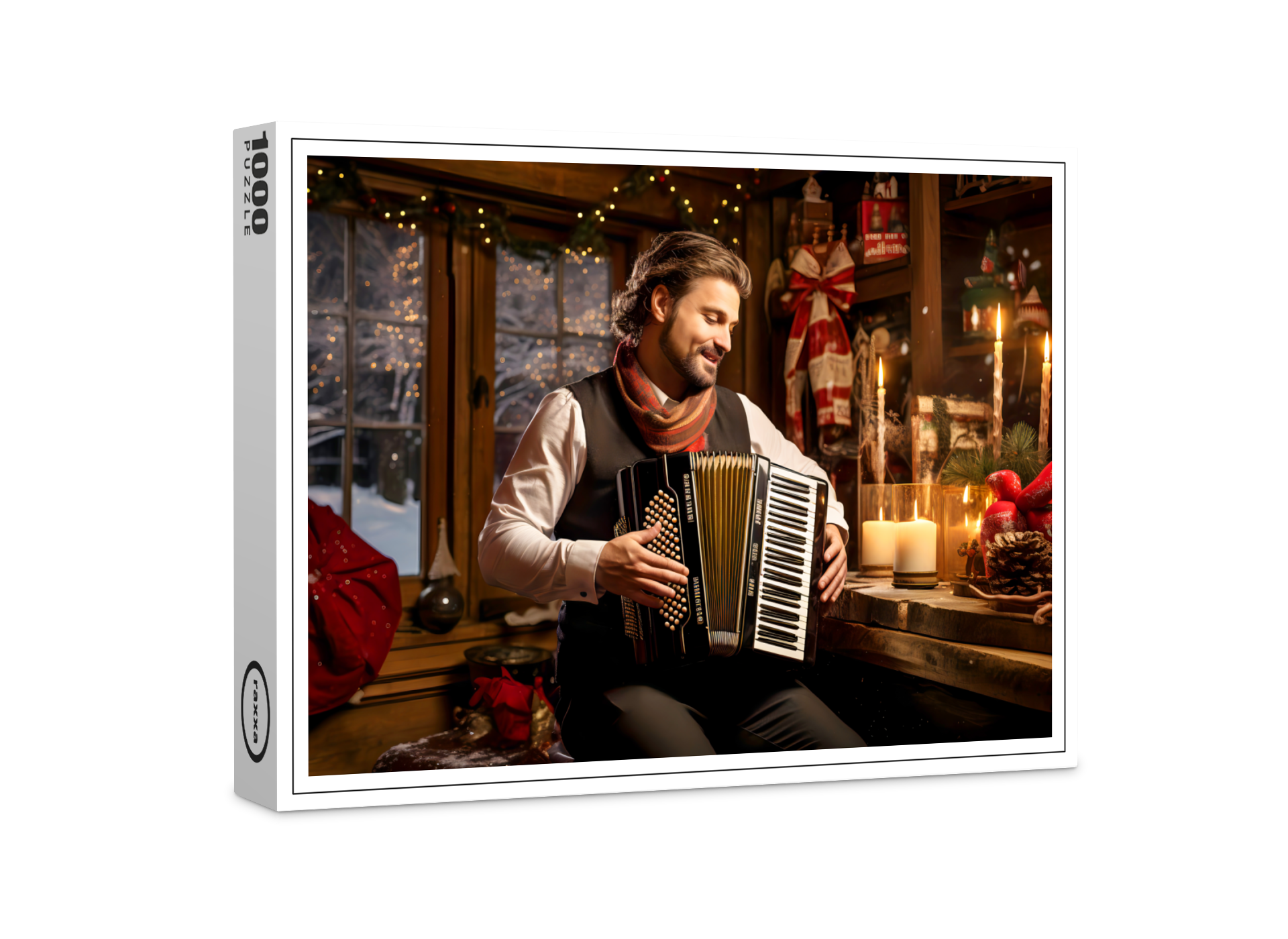 raxxa Premium-Puzzle: Accordion Player in Cozy Christmas Cabin
