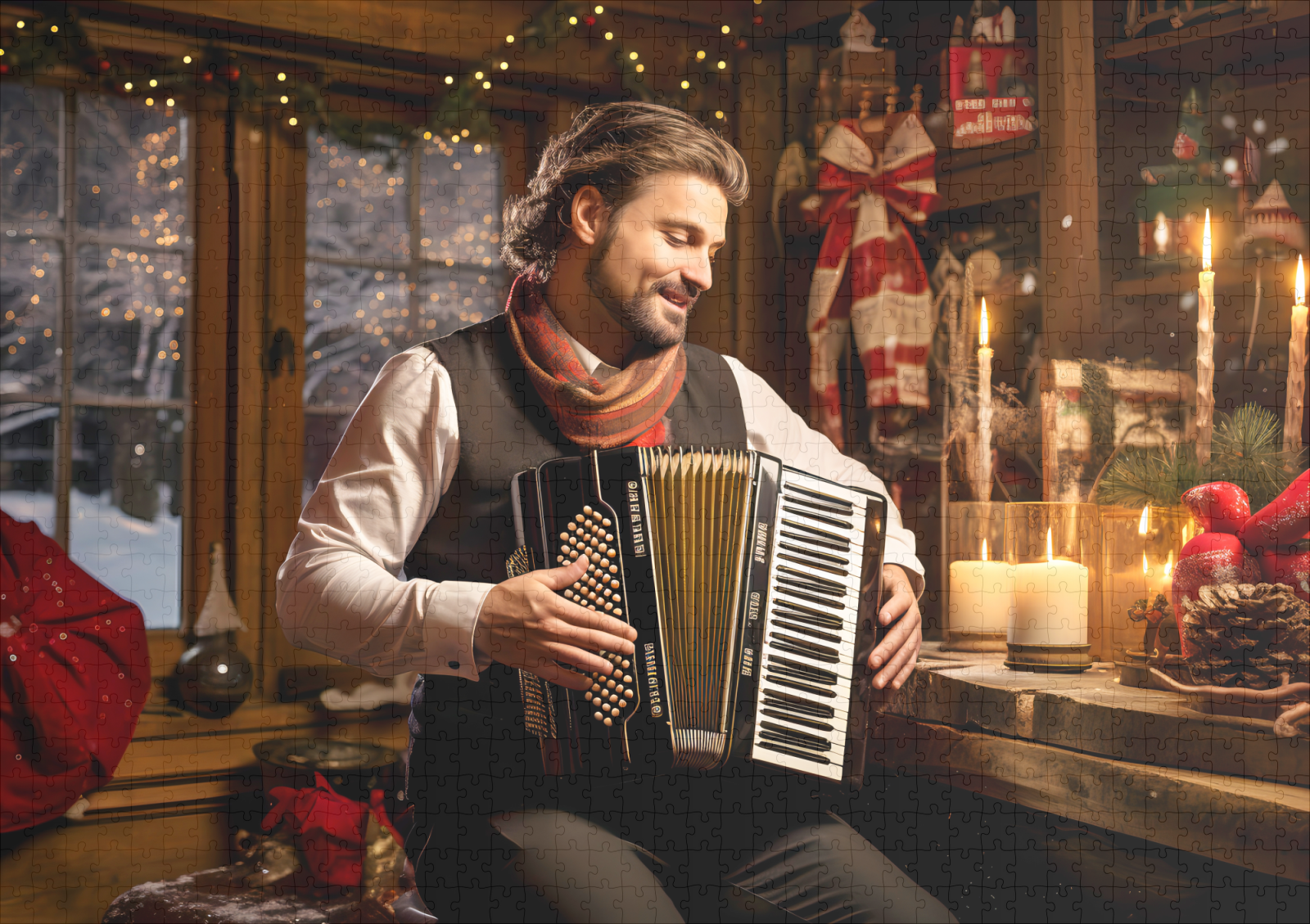 raxxa Premium-Puzzle: Accordion Player in Cozy Christmas Cabin – Bild 2