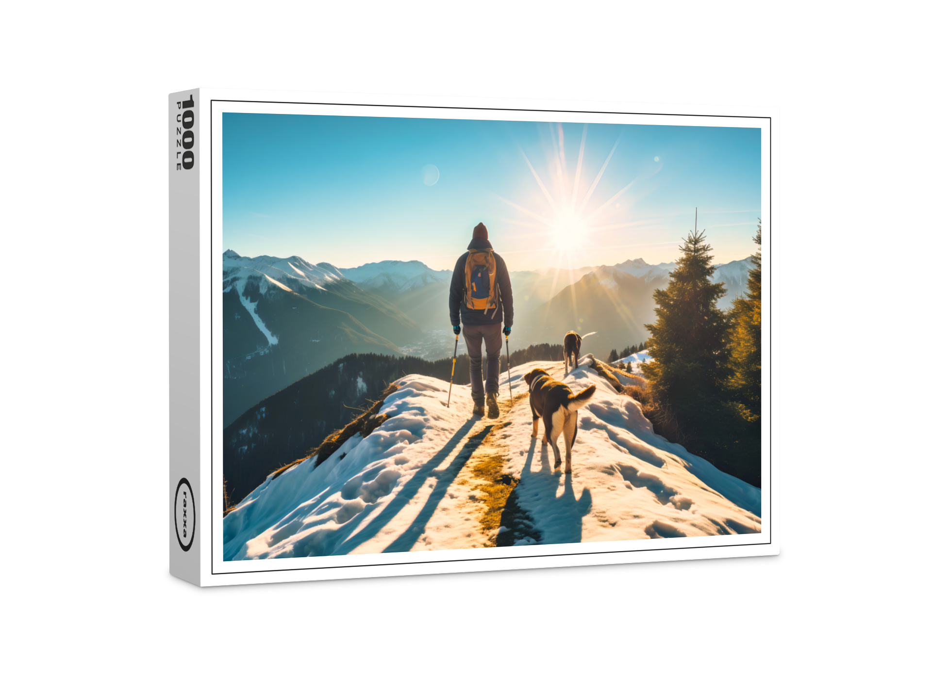 raxxa Premium-Puzzle: Hiker with Dog on Snowy Mountain Trail