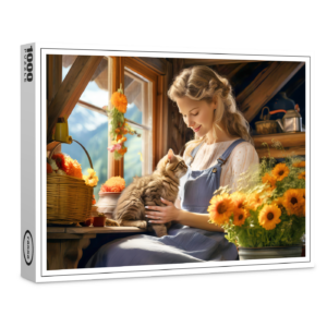 raxxa Premium-Puzzle: Young Woman with Cat by Sunny Window