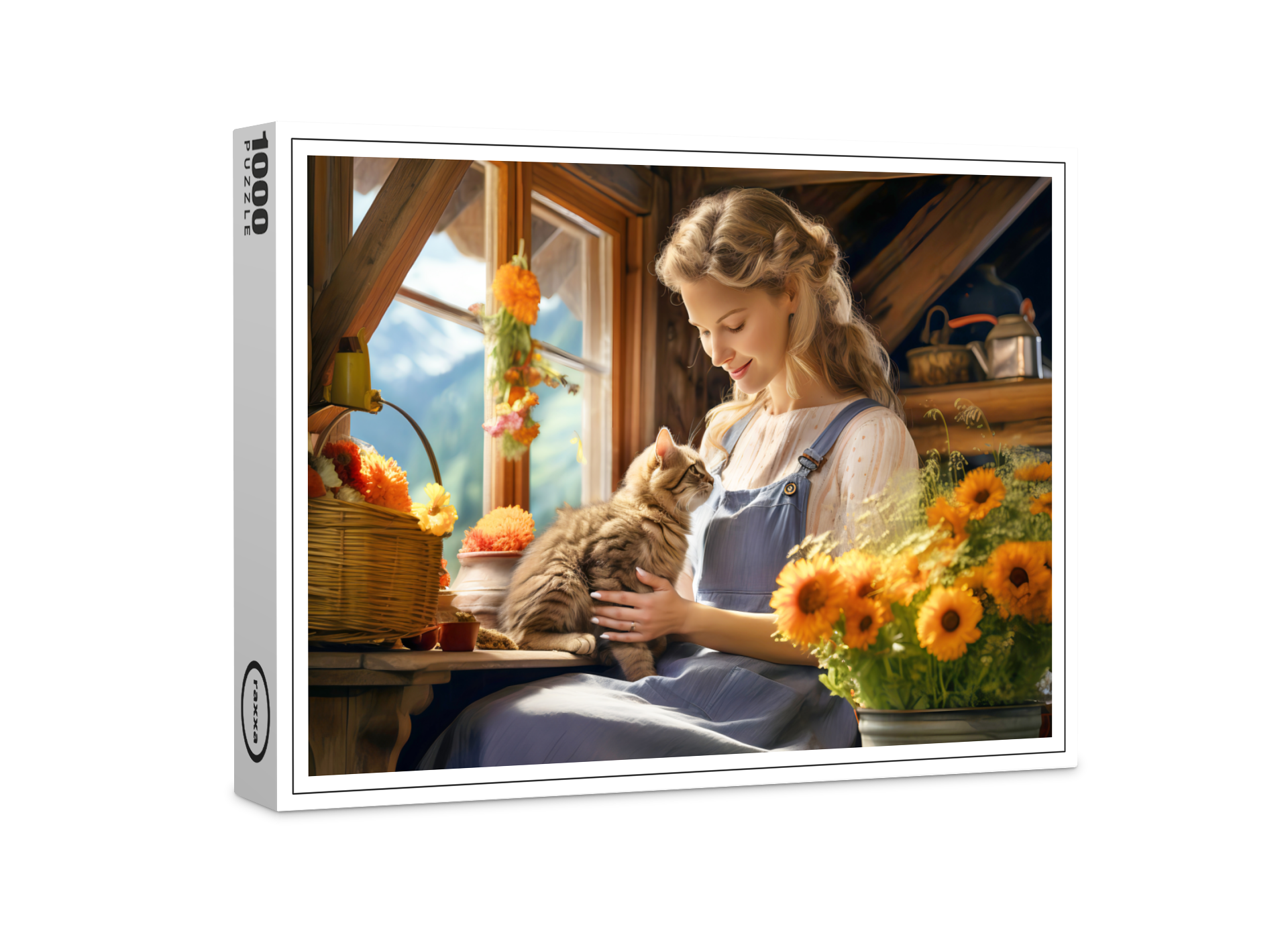 raxxa Premium-Puzzle: Young Woman with Cat by Sunny Window