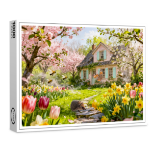raxxa Premium-Puzzle: Spring Cottage with Bees, Hedgehog and Blossoming Garden