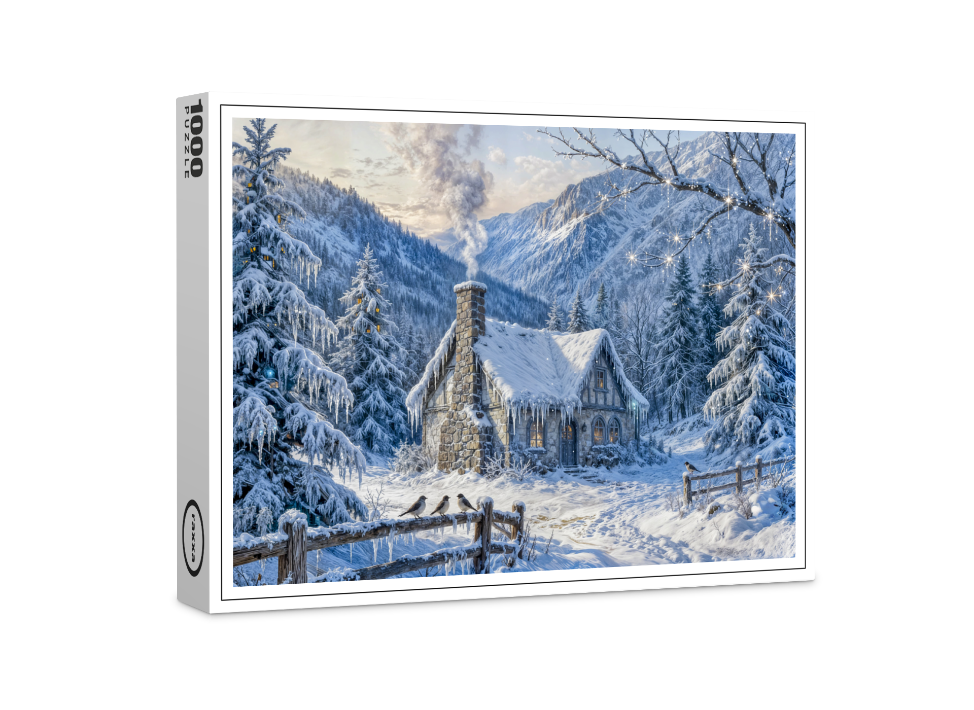 raxxa Premium-Puzzle: Snowy Mountain Cottage with Smoke and Pines Painting