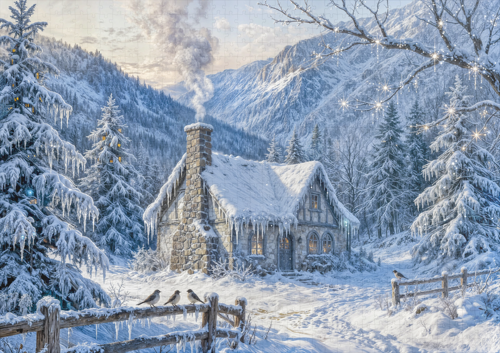 raxxa Premium-Puzzle: Snowy Mountain Cottage with Smoke and Pines Painting – Image 2