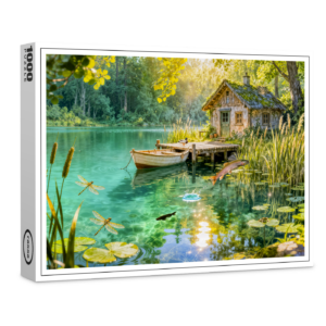 raxxa Premium-Puzzle: Forest Stream Cottage with Ducks, piere and Dock Artwork