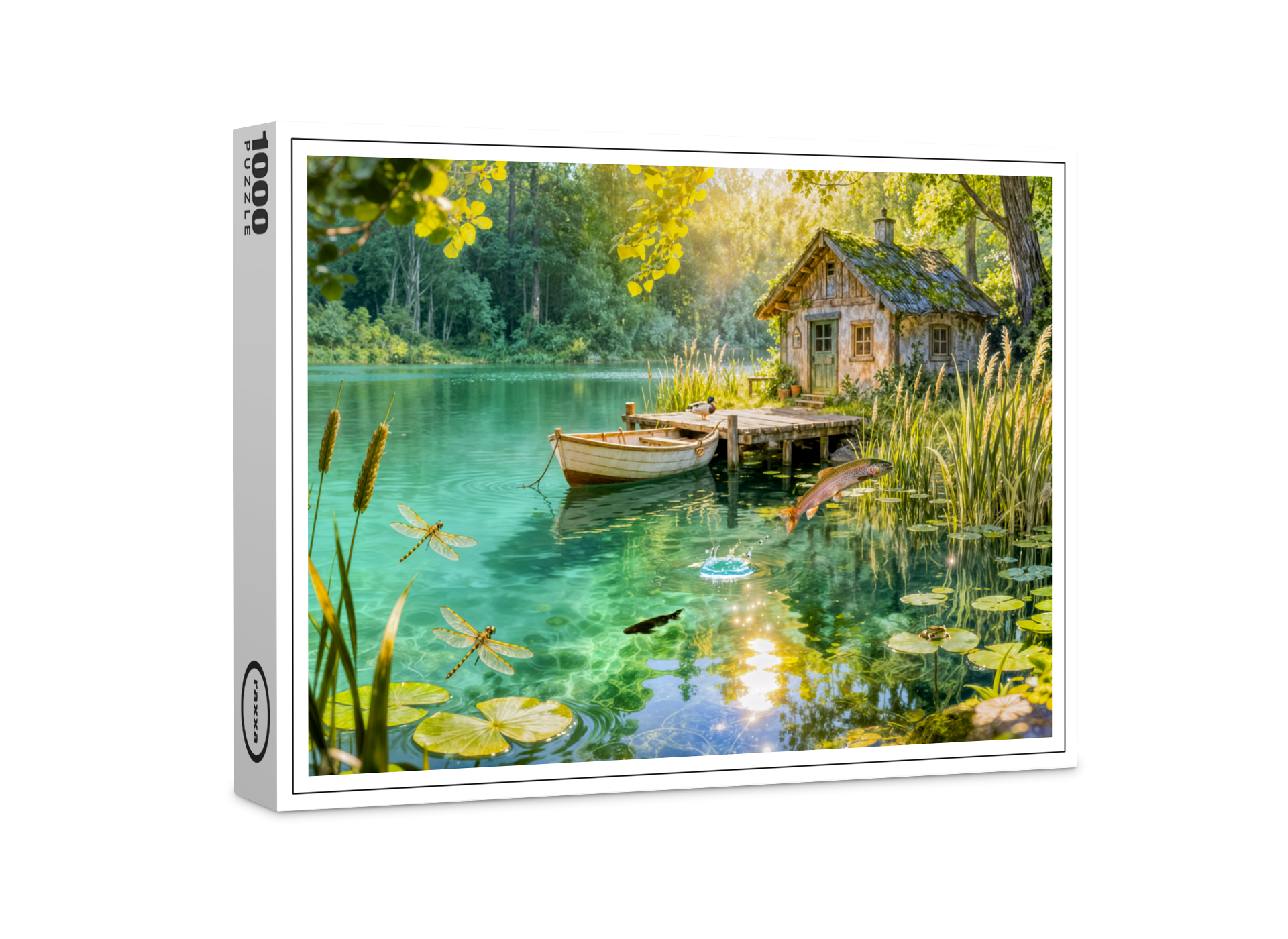 raxxa Premium-Puzzle: Forest Stream Cottage with Ducks, piere and Dock Artwork