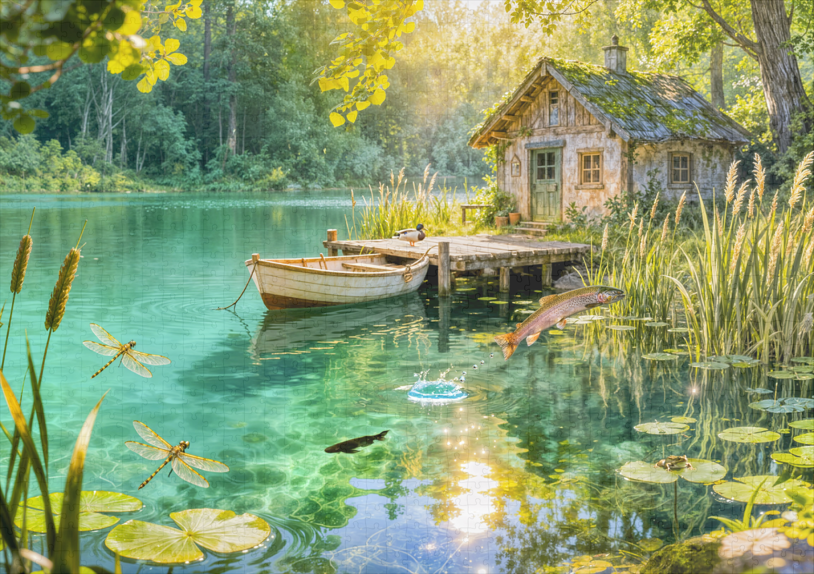 raxxa Premium-Puzzle: Forest Stream Cottage with Ducks, piere and Dock Artwork - immagine 2