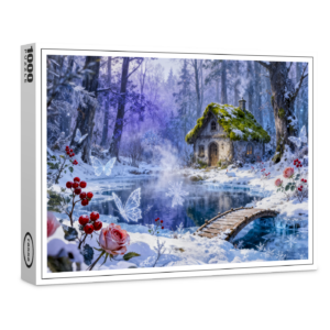 raxxa Premium-Puzzle: Snowy Enchanted Forest Cottage with Bridge and Glowing Butterflies – Fantasy Artwork