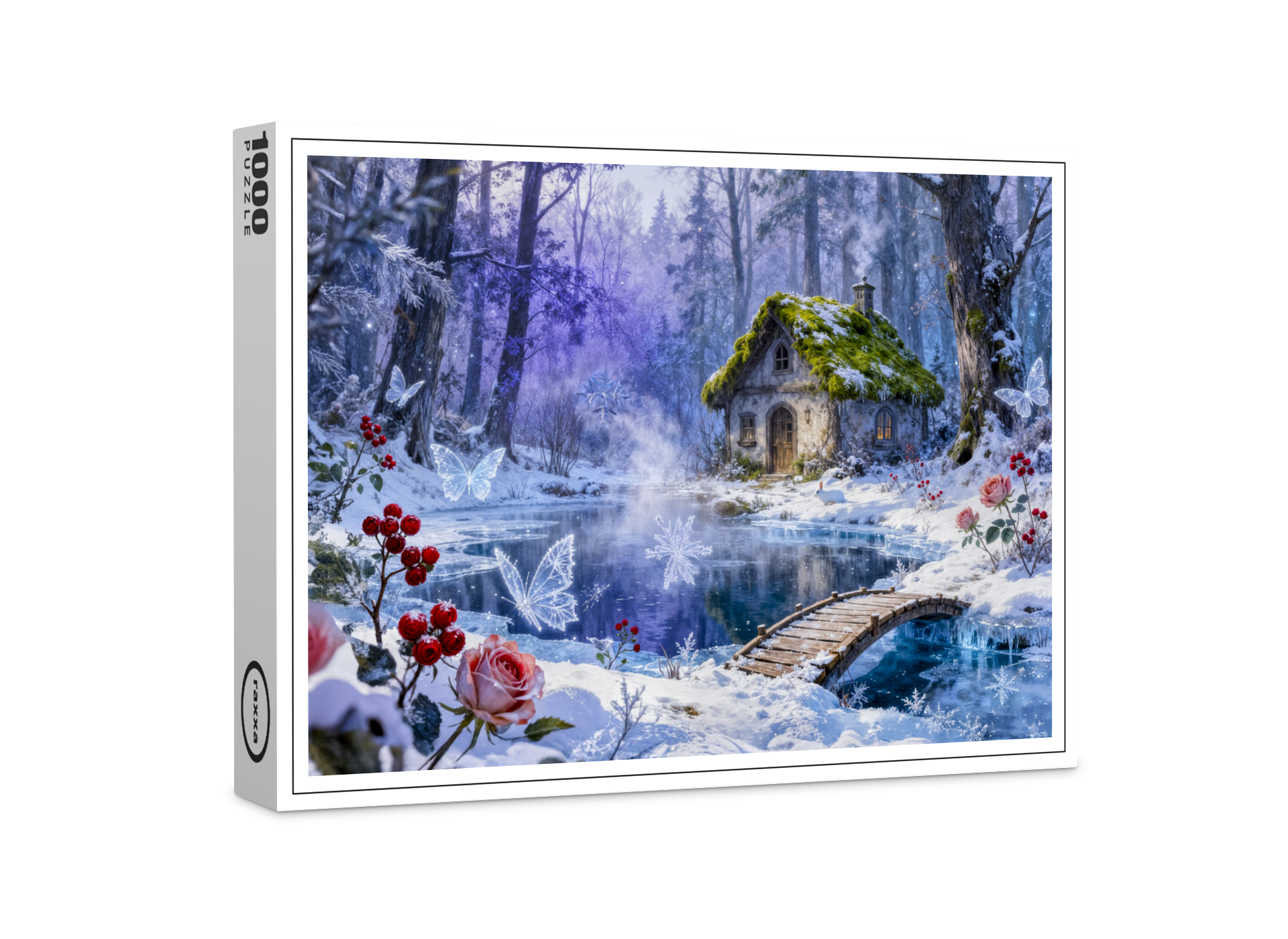raxxa Premium-Puzzle: Snowy Enchanted Forest Cottage with Bridge and Glowing Butterflies – Fantasy Artwork