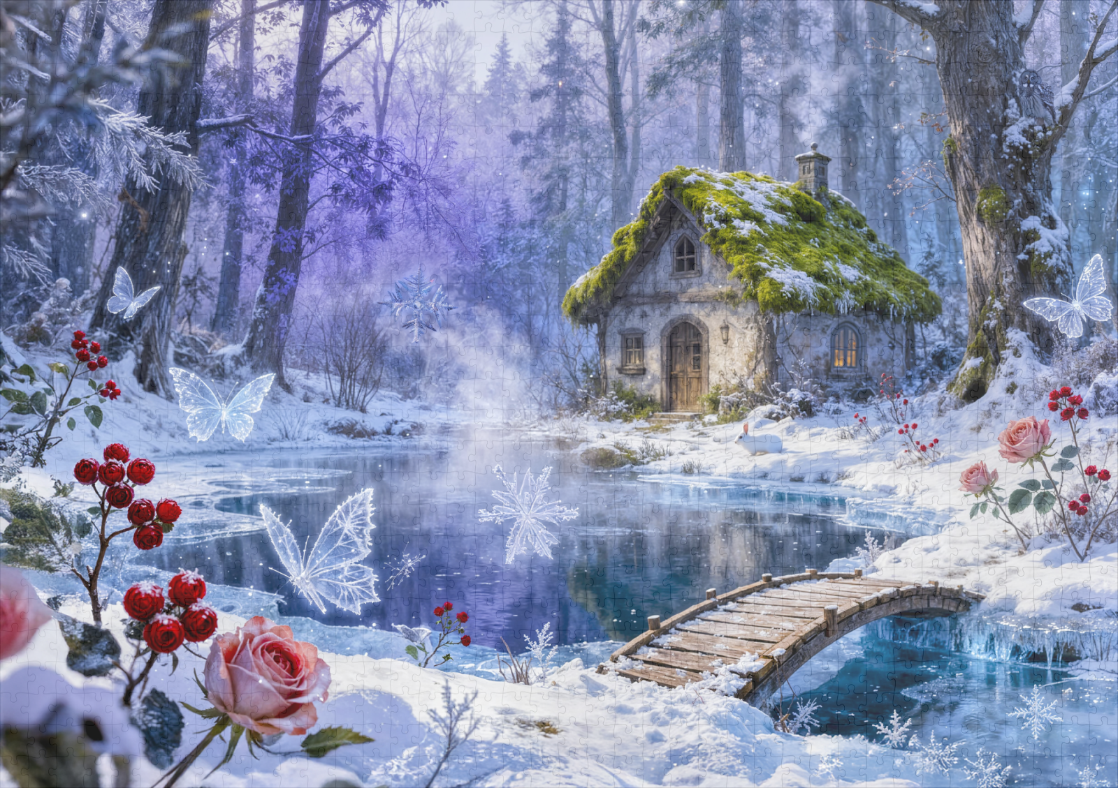 raxxa Premium-Puzzle: Snowy Enchanted Forest Cottage with Bridge and Glowing Butterflies – Fantasy Artwork – Bild 2