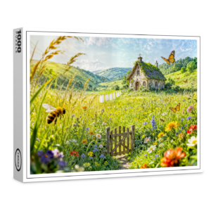 raxxa Premium-Puzzle: Mountain Meadow Cottage with Flowers, Gate and Butterflies Artwork