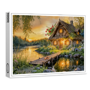 raxxa Premium-Puzzle: Sunset River Cottage with Dog on Bridge and Flower Bed Artwork