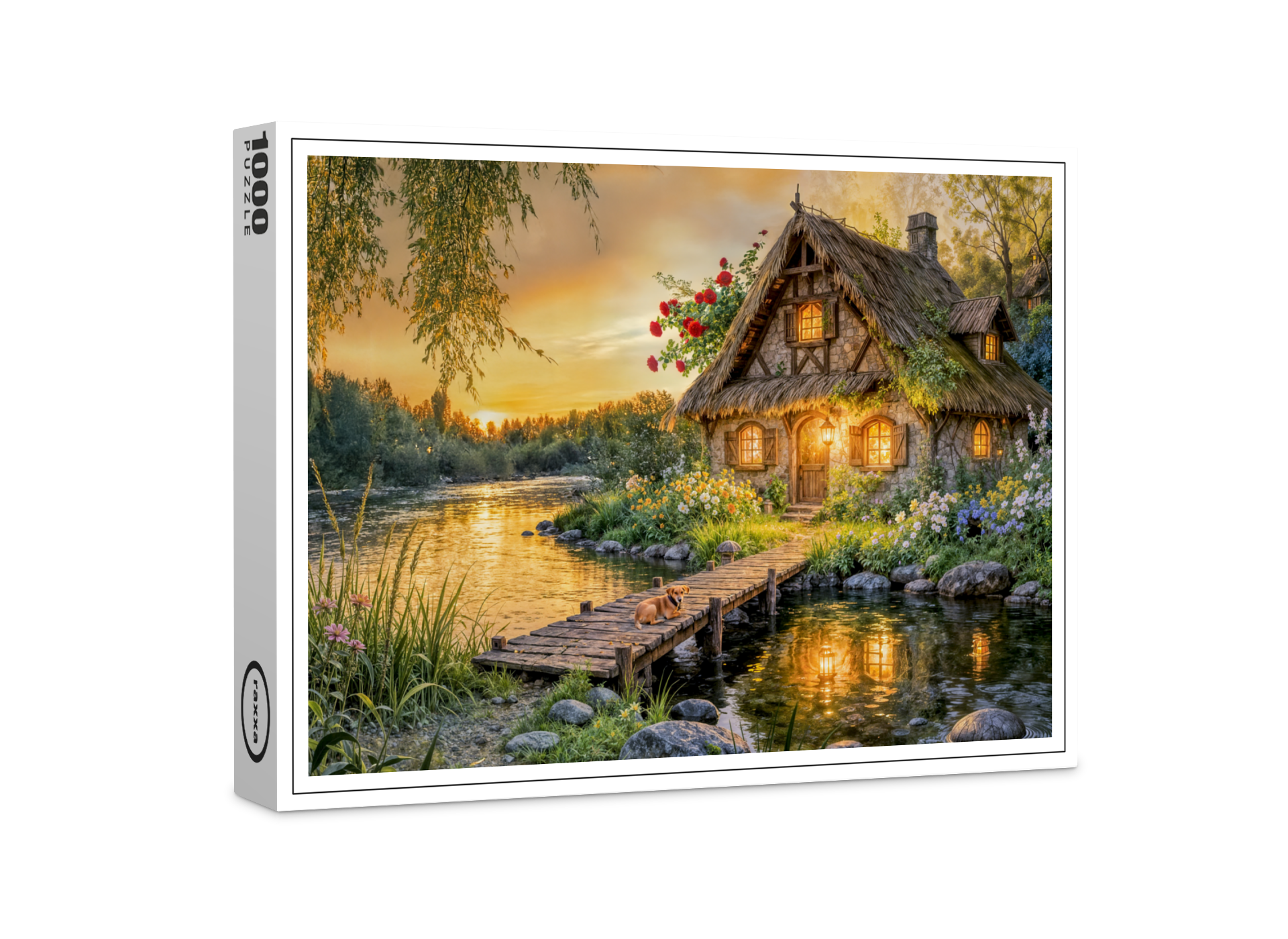 raxxa Premium-Puzzle: Sunset River Cottage with Dog on Bridge and Flower Bed Artwork