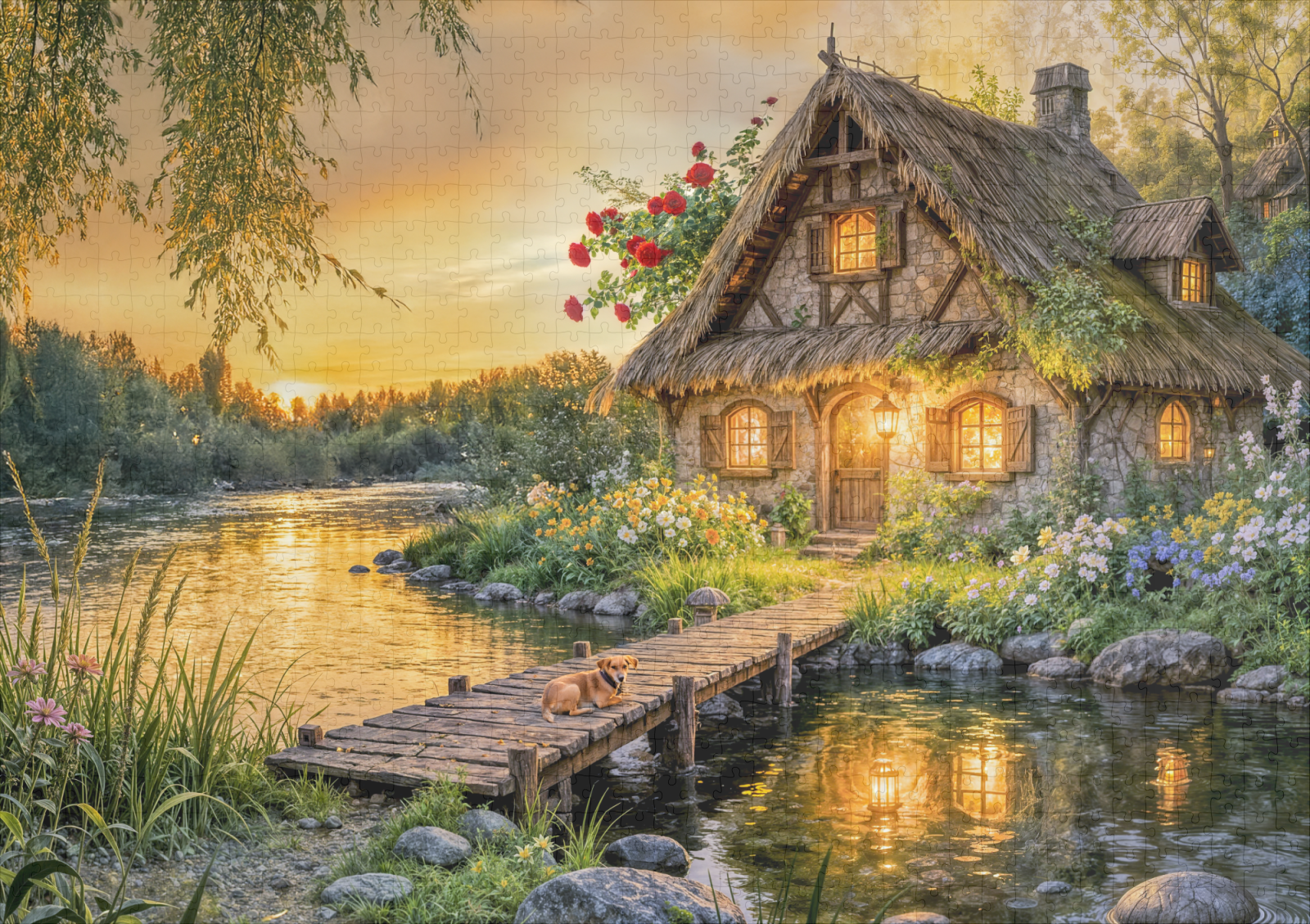 raxxa Premium-Puzzle: Sunset River Cottage with Dog on Bridge and Flower Bed Artwork – Bild 2
