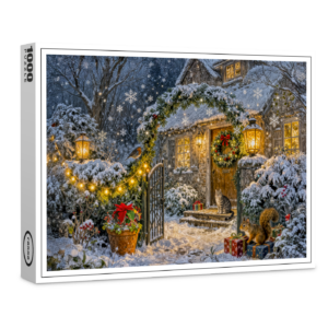 raxxa Premium-Puzzle: Winter Cottage with Squirrel, Cat and Robin Artwork