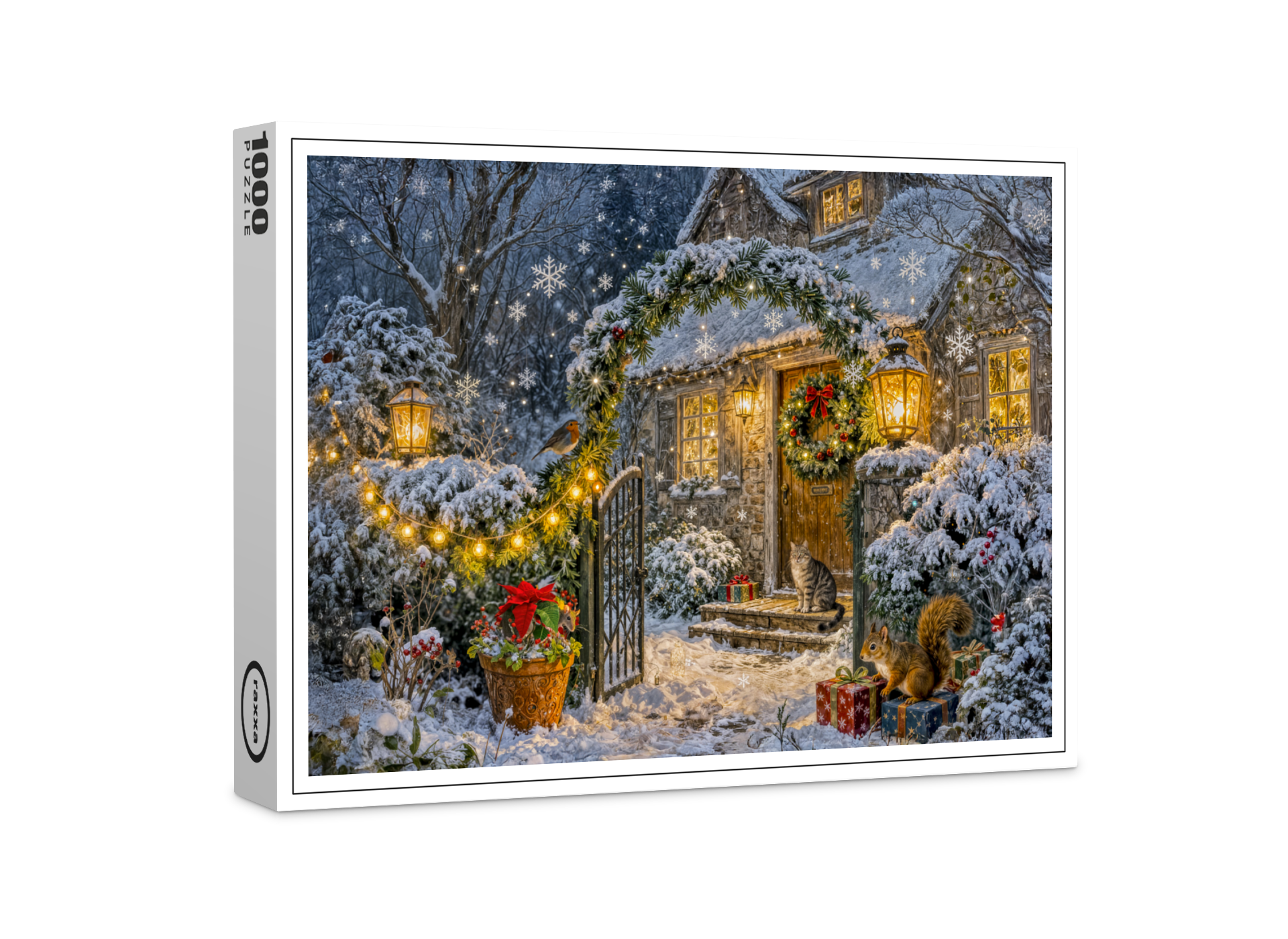 raxxa Premium-Puzzle: Winter Cottage with Squirrel, Cat and Robin Artwork