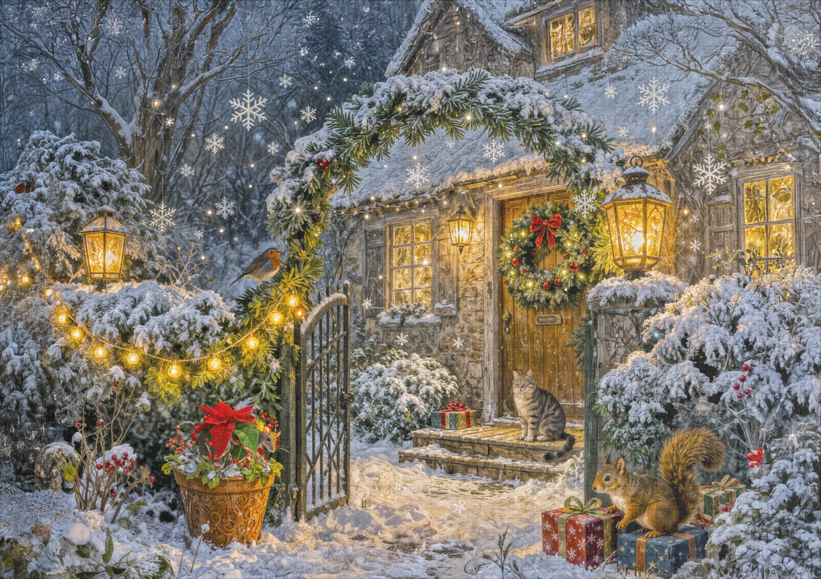 raxxa Premium-Puzzle: Winter Cottage with Squirrel, Cat and Robin Artwork - Image 2