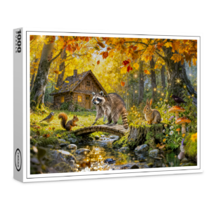 raxxa Premium-Puzzle: Autumn Forest Cottage with forest animals and Mushrooms Artwork