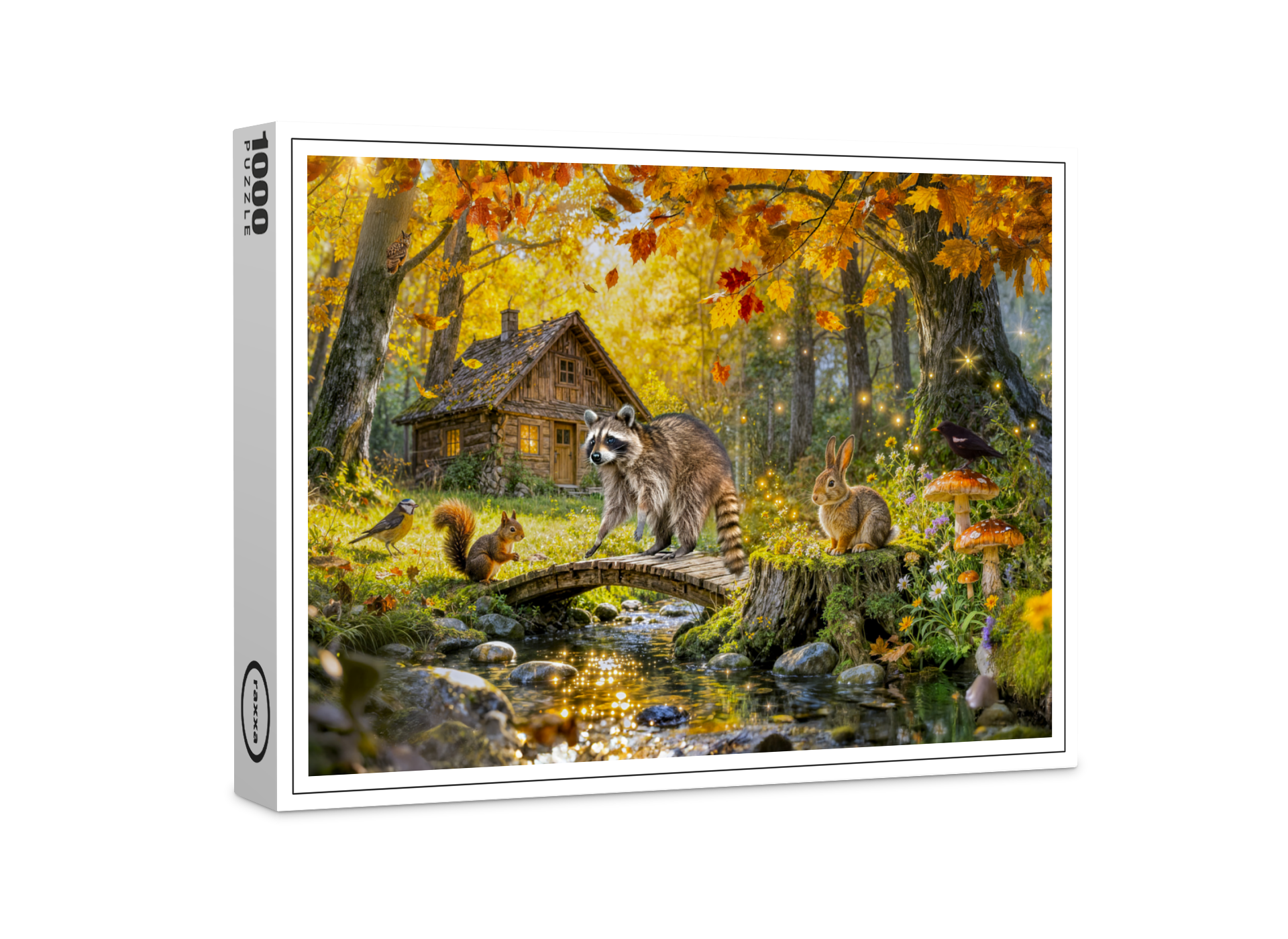 raxxa Premium-Puzzle: Autumn Forest Cottage with forest animals and Mushrooms Artwork